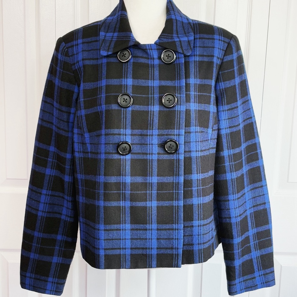 Briggs New York Blue & Black Plaid Wool Blend Double-Breasted Jacket 12